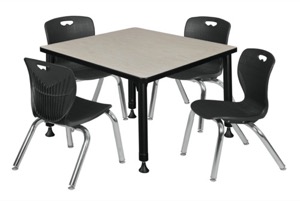 Kee 30" Square Height Adjustable Classroom Table  - Maple & 4 Andy 12-in Stack Chairs - Black