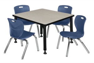 Kee 30" Square Height Adjustable Classroom Table  - Maple & 4 Andy 12-in Stack Chairs - Navy Blue