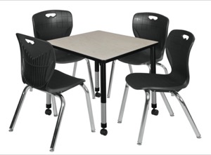 Kee 30" Square Height Adjustable Mobile Classroom Table  - Maple & 4 4 Andy 18-in Stack Chairs - Black