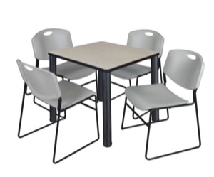Kee 30" Square Breakroom Table - Maple/ Black & 4 Zeng Stack Chairs - Grey