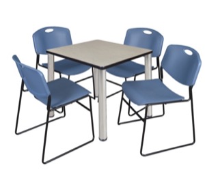 Kee 30" Square Breakroom Table - Maple/ Chrome & 4 Zeng Stack Chairs - Blue