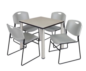 Kee 30" Square Breakroom Table - Maple/ Chrome & 4 Zeng Stack Chairs - Grey