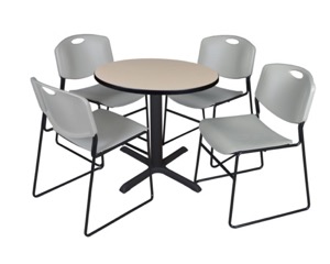 Cain 30" Round Breakroom Table - Beige & 4 Zeng Stack Chairs - Grey