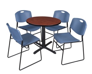 Cain 30" Round Breakroom Table - Cherry & 4 Zeng Stack Chairs - Blue