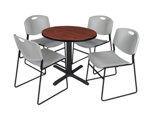 Cain 30" Round Breakroom Table - Cherry & 4 Zeng Stack Chairs - Grey