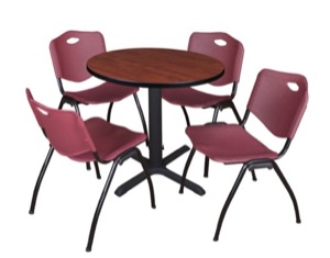 Cain 30" Round Breakroom Table - Cherry & 4 'M' Stack Chairs - Burgundy
