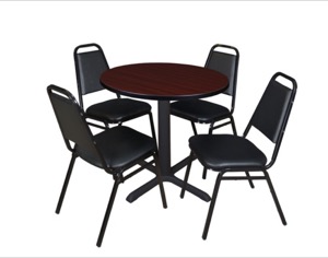 Cain 30" Round Breakroom Table - Mahogany & 4 Restaurant Stack Chairs - Black
