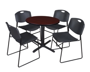Cain 30" Round Breakroom Table - Mahogany & 4 Zeng Stack Chairs - Black