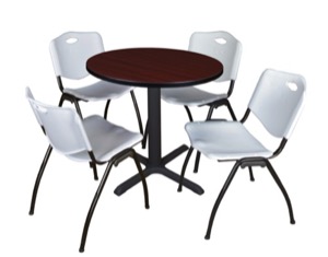 Cain 30" Round Breakroom Table - Mahogany & 4 'M' Stack Chairs - Grey