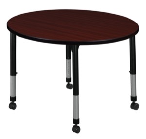 Kee 30" Round Height Adjustable Mobile Classroom Table  - Mahogany