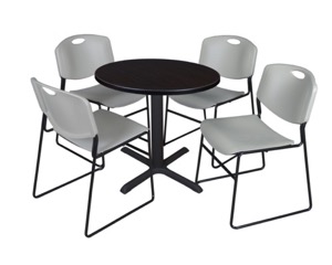 Cain 30" Round Breakroom Table - Mocha Walnut & 4 Zeng Stack Chairs - Grey