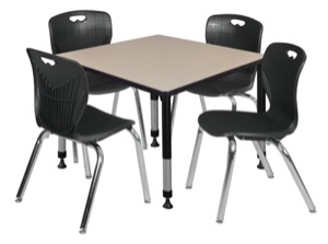 Kee 36" Square Height Adjustable  Classroom Table  - Beige & 4 Andy 18-in Stack Chairs - Black