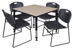 Kee 36" Square Height Adjustable  Classroom Table  - Beige & 4 Zeng Stack Chairs - Black