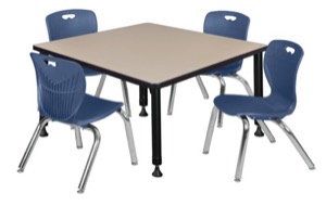 Kee 36" Square Height Adjustable  Classroom Table  - Beige & 4 Andy 12-in Stack Chairs - Navy Blue