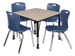 Kee 36" Square Height Adjustable Mobile  Classroom Table  - Beige & 4 Andy 18-in Stack Chairs - Navy Blue