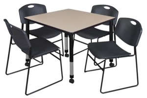Kee 36" Square Height Adjustable Mobile  Classroom Table  - Beige & 4 Zeng Stack Chairs - Black 