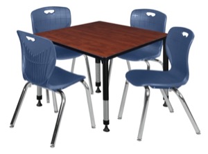 Kee 36" Square Height Adjustable  Classroom Table  - Cherry & 4 Andy 18-in Stack Chairs - Navy Blue