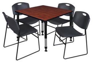 Kee 36" Square Height Adjustable  Classroom Table  - Cherry & 4 Zeng Stack Chairs - Black