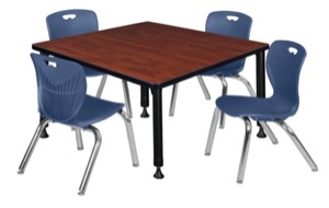 Kee 36" Square Height Adjustable  Classroom Table  - Cherry & 4 Andy 12-in Stack Chairs - Navy Blue