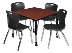 Kee 36" Square Height Adjustable  Mobile Classroom Table  - Cherry & 4 Andy 18-in Stack Chairs - Black