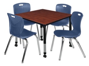 Kee 36" Square Height Adjustable  Mobile Classroom Table  - Cherry & 4 Andy 18-in Stack Chairs - Navy Blue