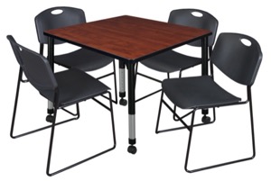 Kee 36" Square Height Adjustable  Mobile Classroom Table  - Cherry & 4 Zeng Stack Chairs - Black 