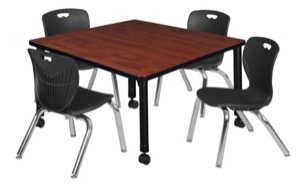 Kee 36" Square Height Adjustable  Mobile Classroom Table  - Cherry & 4 Andy 12-in Stack Chairs - Black