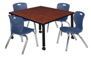 Kee 36" Square Height Adjustable  Mobile Classroom Table  - Cherry & 4 Andy 12-in Stack Chairs - Navy Blue