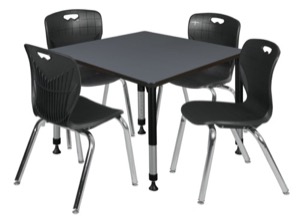 Kee 36" Square Height Adjustable Classroom Table  - Grey & 4 Andy 18-in Stack Chairs - Black