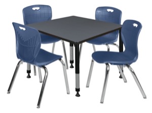 Kee 36" Square Height Adjustable Classroom Table  - Grey & 4 Andy 18-in Stack Chairs - Navy Blue