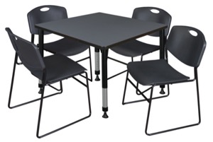 Kee 36" Square Height Adjustable Classroom Table  - Grey & 4 Zeng Stack Chairs - Black