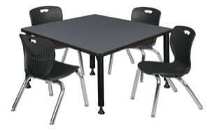 Kee 36" Square Height Adjustable Classroom Table  - Grey & 4 Andy 12-in Stack Chairs - Black