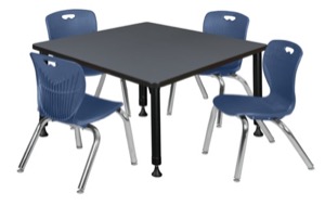 Kee 36" Square Height Adjustable Classroom Table  - Grey & 4 Andy 12-in Stack Chairs - Navy Blue