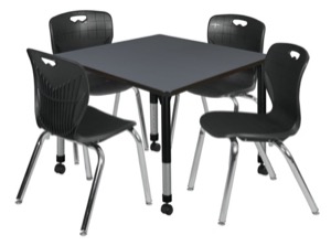 Kee 36" Square Height Adjustable Mobile Classroom Table  - Grey &  4 Andy 18-in Stack Chairs - Black