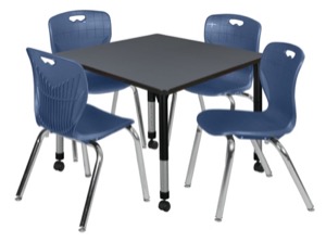 Kee 36" Square Height Adjustable Mobile Classroom Table  - Grey &  4 Andy 18-in Stack Chairs - Navy Blue 
