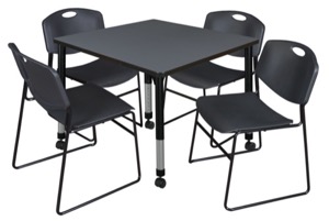 Kee 36" Square Height Adjustable Mobile Classroom Table  - Grey & 4 Zeng Stack Chairs - Black 