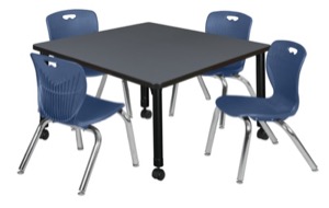 Kee 36" Square Height Adjustable Mobile Classroom Table  - Grey &  4 Andy 12-in Stack Chairs - Navy Blue 