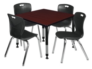 Kee 36" Square Height Adjustable Classroom Table  - Mahogany & 4 Andy 18-in Stack Chairs - Black