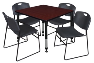 Kee 36" Square Height Adjustable Classroom Table  - Mahogany & 4 Zeng Stack Chairs - Black