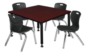 Kee 36" Square Height Adjustable Classroom Table  - Mahogany & 4 Andy 12-in Stack Chairs - Black