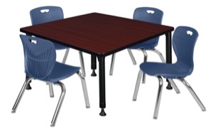 Kee 36" Square Height Adjustable Classroom Table  - Mahogany & 4 Andy 12-in Stack Chairs - Navy Blue