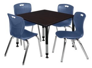 Kee 36" Square Height Adjustable Classroom Table  - Mocha Walnut & 4 Andy 18-in Stack Chairs - Navy Blue