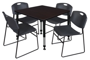 Kee 36" Square Height Adjustable Classroom Table  - Mocha Walnut & 4 Zeng Stack Chairs - Black
