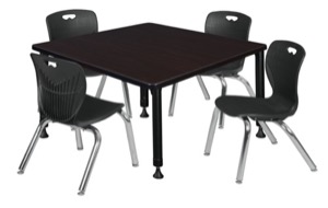 Kee 36" Square Height Adjustable Classroom Table  - Mocha Walnut & 4 Andy 12-in Stack Chairs - Black