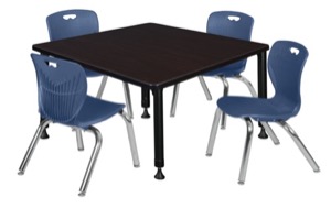 Kee 36" Square Height Adjustable Classroom Table  - Mocha Walnut & 4 Andy 12-in Stack Chairs - Navy Blue