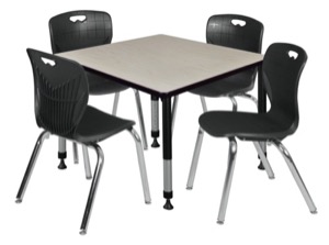 Kee 36" Square Height Adjustable Classroom Table  - Maple & 4 Andy 18-in Stack Chairs - Black