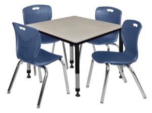 Kee 36" Square Height Adjustable Classroom Table  - Maple & 4 Andy 18-in Stack Chairs - Navy Blue