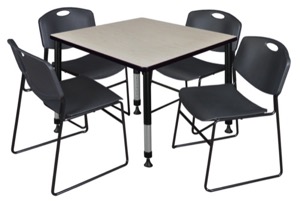 Kee 36" Square Height Adjustable Classroom Table  - Maple & 4 Zeng Stack Chairs - Black