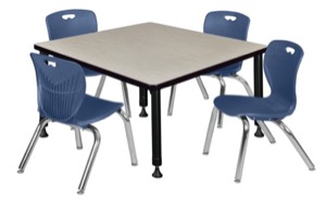 Kee 36" Square Height Adjustable Classroom Table  - Maple & 4 Andy 12-in Stack Chairs - Navy Blue