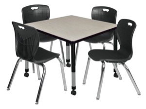 Kee 36" Square Height Adjustable Mobile Classroom Table  - Maple & 4 4 Andy 18-in Stack Chairs - Black